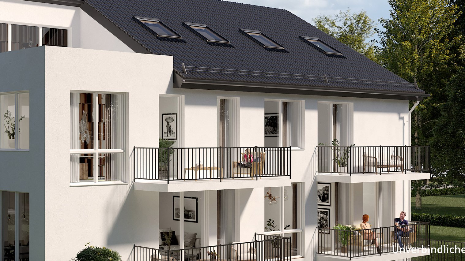 Mehrfamilienhaus mit hellen Fassaden, großen Fenstern und Balkonen